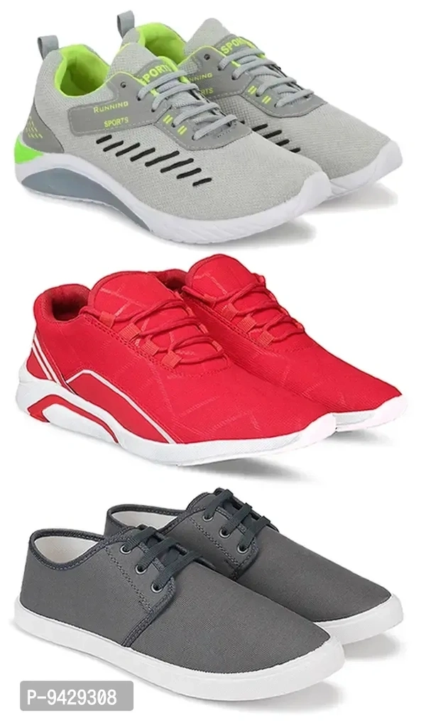 Men Sports Shoes Lace-Up Lightweight Multicolour Shoes For Running Walking gym Trekking and hiking Shoes (Pack Of 3)