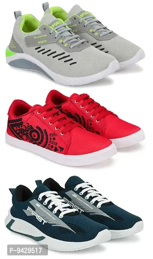 Men Sports Shoes Lace-Up Lightweight Multicolour Shoes For Running Walking gym Trekking and hiking Shoes (Pack Of 3)
