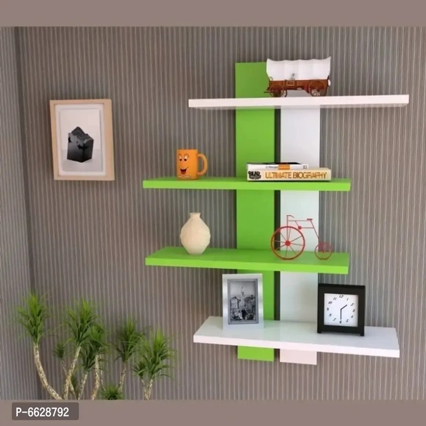 Wooden Floating Wall Shelf with 4 Tiers | MDF Wall Mounted Display Rack for Living Room, Bedroom