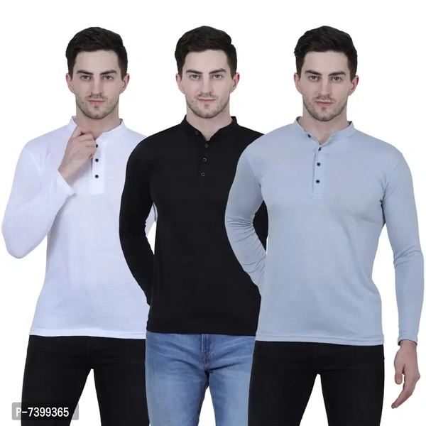 Stunning Cotton Blend Solid Henley Tees For Men- Pack Of 3