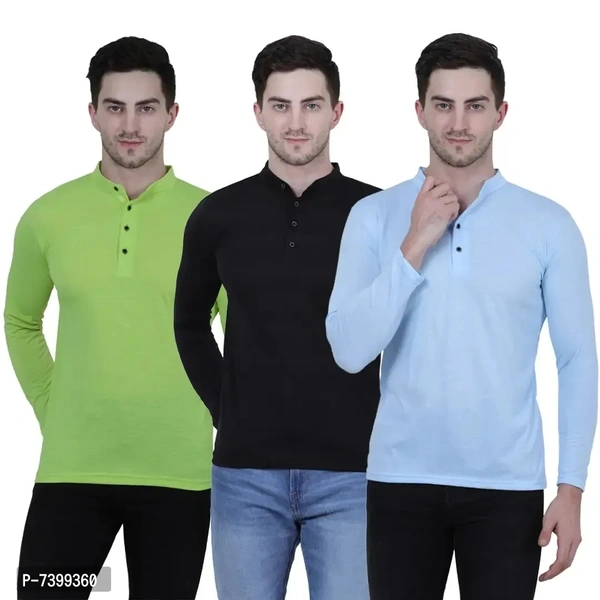 Stunning Cotton Blend Solid Henley Tees For Men- Pack Of 3