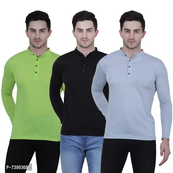 Stunning Cotton Blend Solid Henley Tees For Men- Pack Of 3