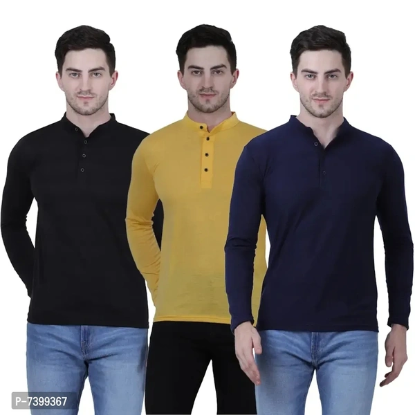 Stunning Cotton Blend Solid Henley Tees For Men- Pack Of 3