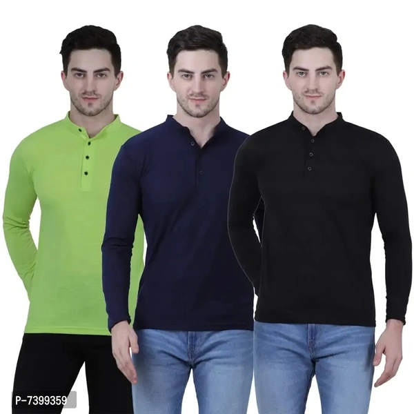 Stunning Cotton Blend Solid Henley Tees For Men- Pack Of 3