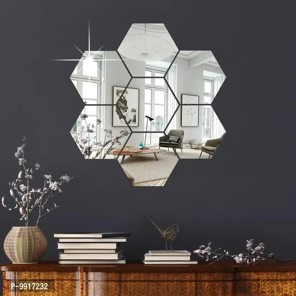 Hexagon Acrylic Mirror Wall Stickers – Silver Decorative Stickers for Home (10.5x12.1 cm, Pack of 7