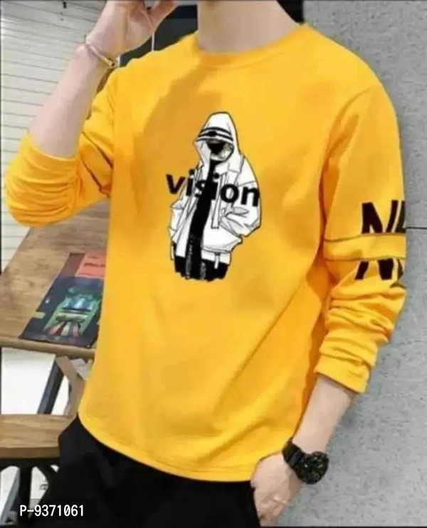 Elegant Cotton Yellow Round Neck Printed Full Sleeves T shirt For Men