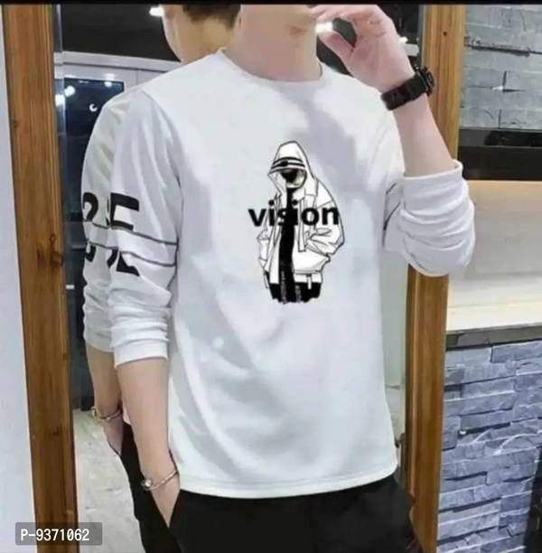 Elegant Cotton White Round Neck Printed Full Sleeves T shirt For Men