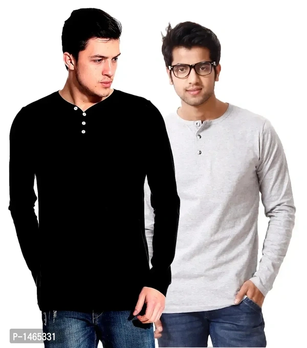 Multicoloured Cotton Blend Solid Henley Tees Pack of 2
