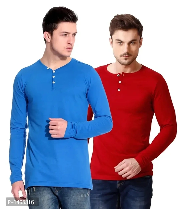 Multicoloured Cotton Blend Solid Henley Tees Pack of 2
