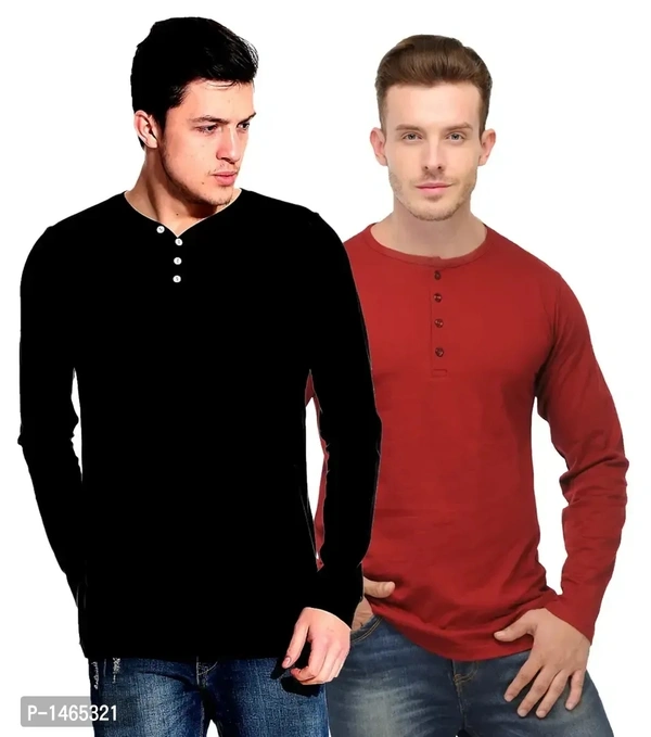 Multicoloured Cotton Blend Solid Henley Tees Pack of 2