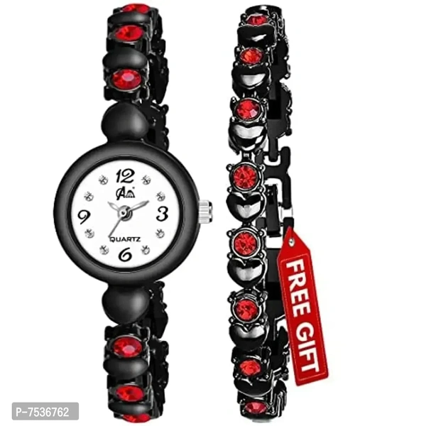 Acnos Brand Black Heart in Red Diamond Shape Belt Bengle White Dial with Bracelet Analog Girls Watch for Women
