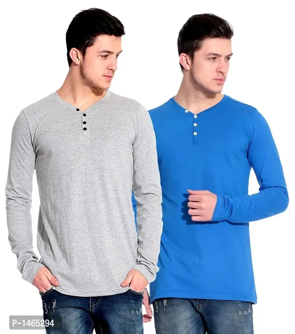 Multicoloured Cotton Blend Solid Henley Tees Pack of 2