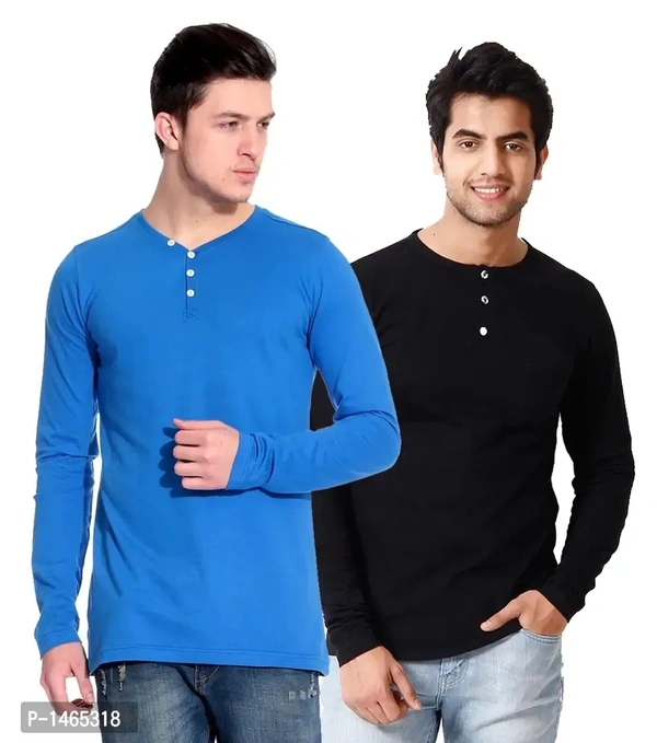 Multicoloured Cotton Blend Solid Henley Tees Pack of 2