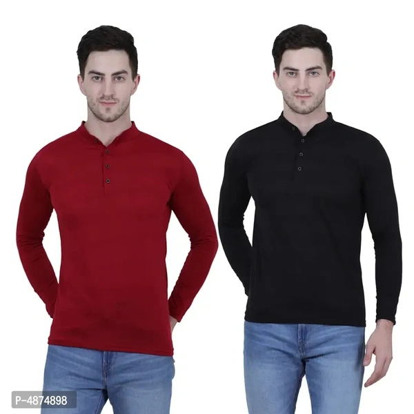 Men's Multicoloured Cotton Blend Solid Henley Tees (Pack of 2