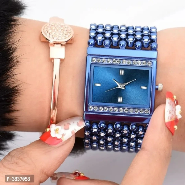 Acnos Brand Blue Square Dial Silver Chain Belt Analogue Watch for Girl's and Women's Pack of - 1