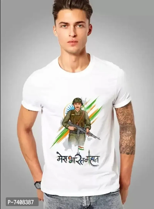 Stunning White Polyester Printed Mera Bharat Mahan Tees For Men