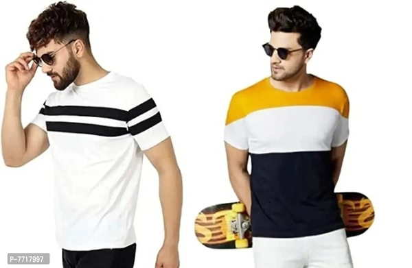 Mens Dry Fit Color Blocked and White T-Shirts with Stripe Combo - Pack of 2 (White-Multicolor)