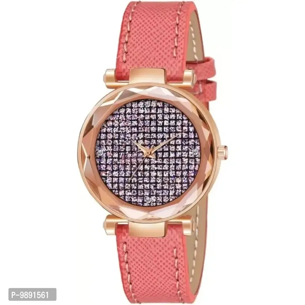 Stylish Designer Silver Dial Orange Lather Strap Watch For Girls