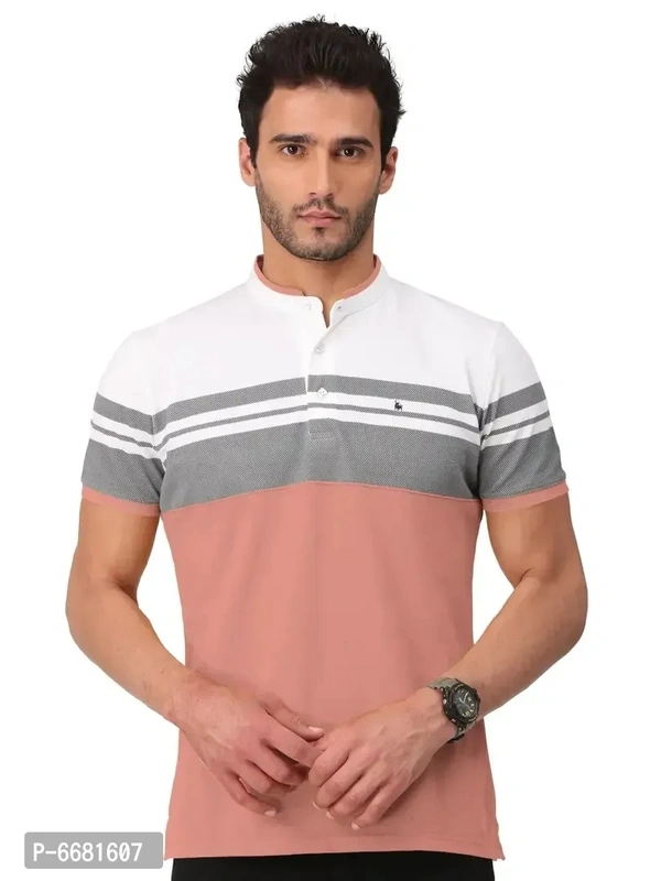 Stylish Cotton Straight Collar Chinese Collar Neck Color Block T-Shirt For Men