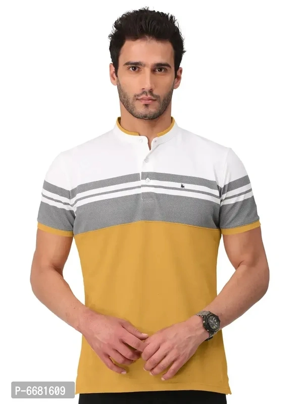 Stylish Cotton Straight Collar Chinese Collar Neck Color Block T-Shirt For Men