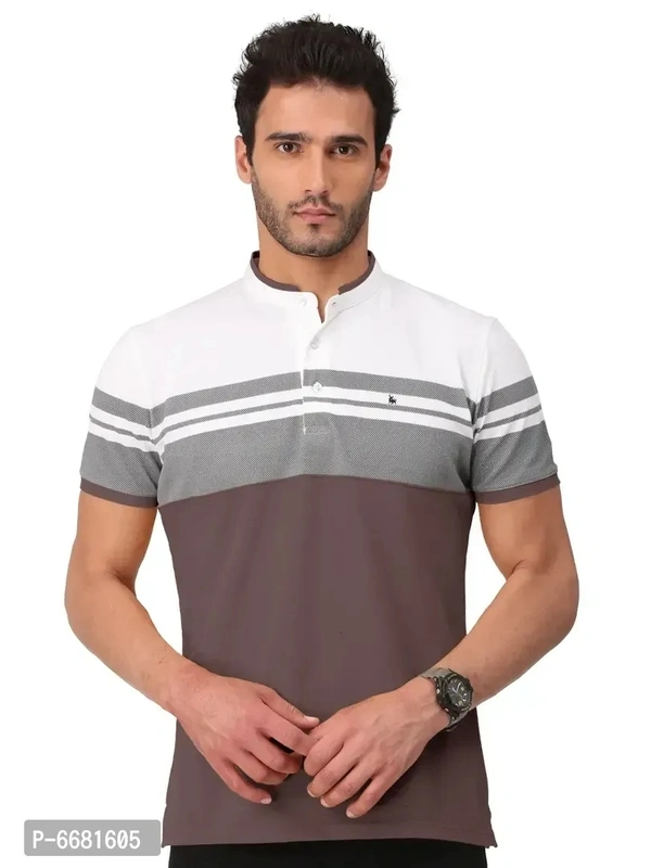 Stylish Cotton Straight Collar Chinese Collar Neck Color Block T-Shirt For Men