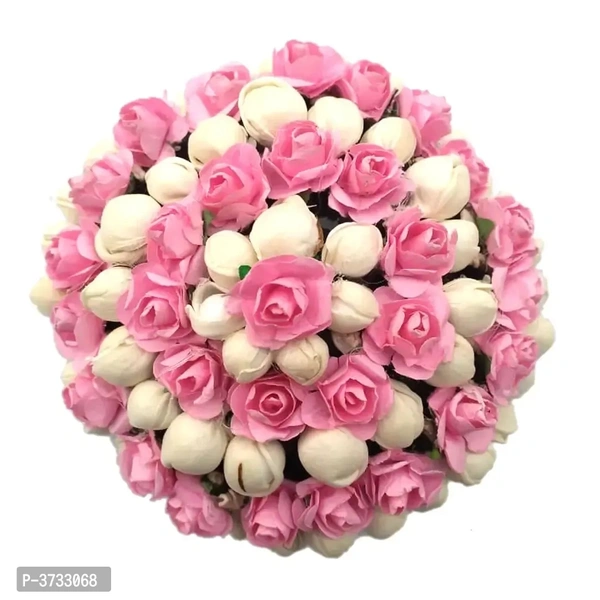 Beautiful Hair Accessories Pink Flower Gajra Bun Maker with White Beads, Pack of 1