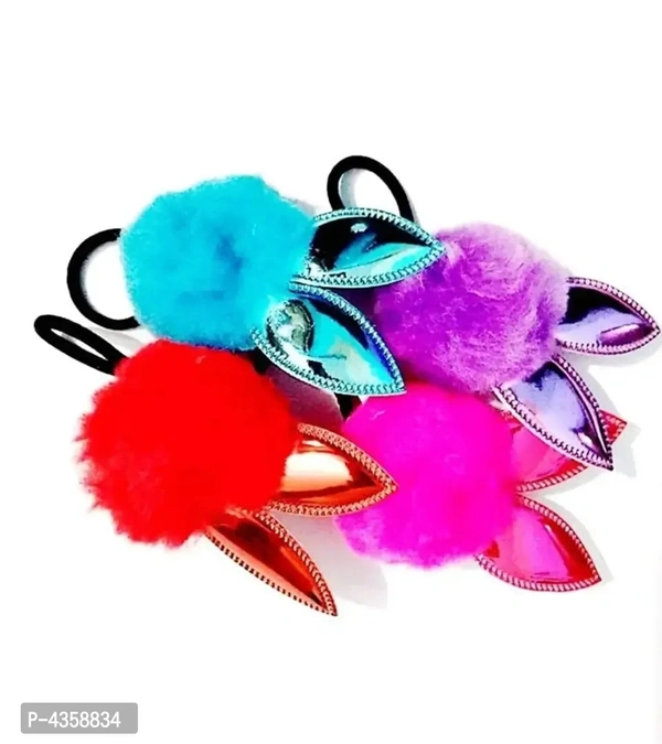 Bunny Ears PomPom Fur Ponytail Rubber Bands/Ponytail Holders (4 Pcs)