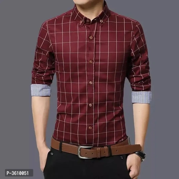 Mens Maroon Cotton Long Sleeves Checked Slim Fit Casual Shirt