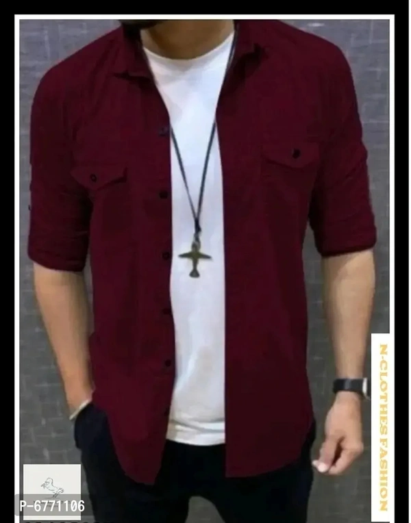 NUMERO-CLOTHES FATHION Mens Cotton Solid Full Sleeve Double Pockte Shirt - Maroon