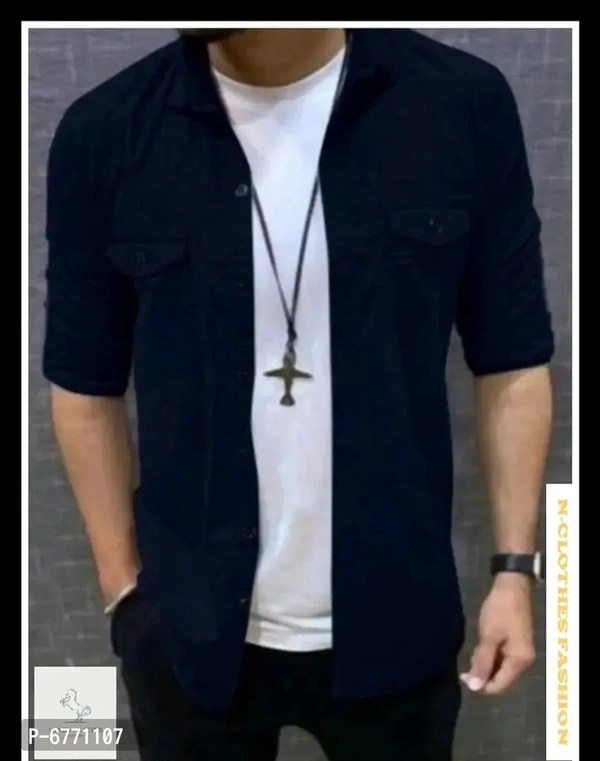 NUMERO-CLOTHES FATHION Mens Cotton Solid Full Sleeve Double Pocket Shirt - Navy-Blue