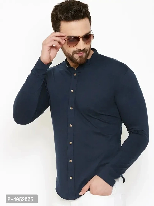Navy Blue Cotton Solid Regular Fit Casual Shirt