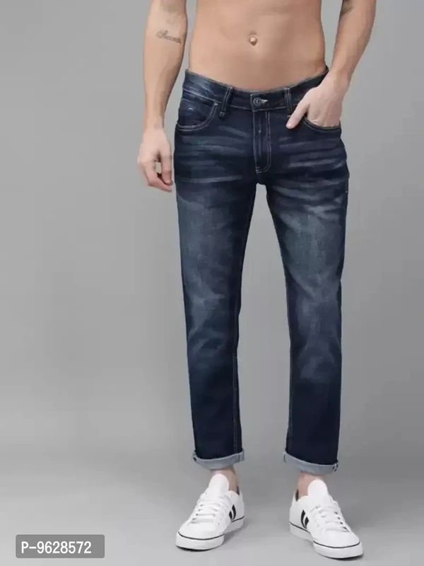 Elegant Denim Navy Blue Solid Tapered Fit Jeans For Men