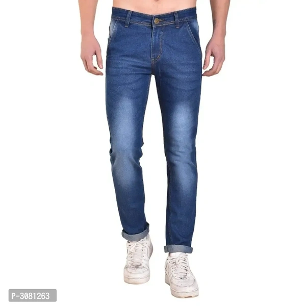 Men's Blue Cotton Spandex Faded Regular Fit Mid-Rise Jeans