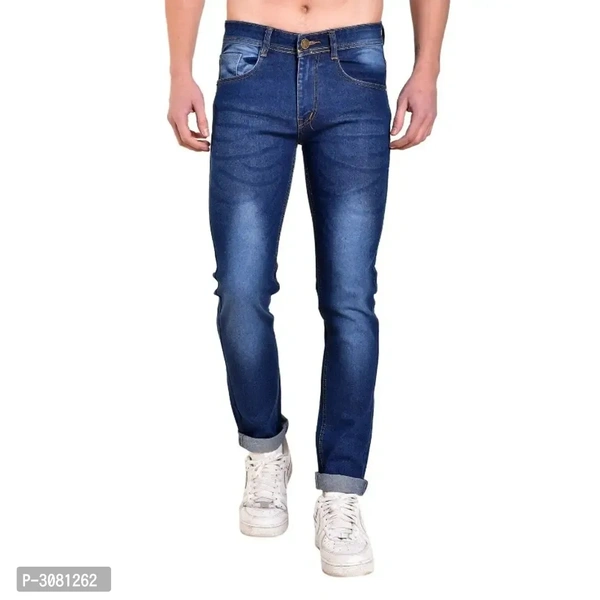 Men's Blue Cotton Spandex Faded Regular Fit Mid-Rise Jeans