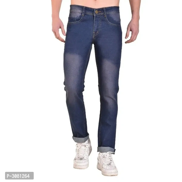 Men's Blue Cotton Spandex Faded Regular Fit Mid-Rise Jeans