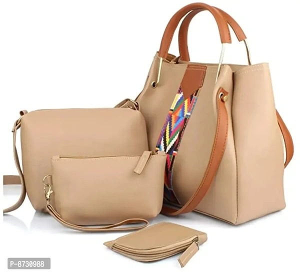 Mammon WomenS Pu Leather Handbag Combo (Set Of 4) Beige