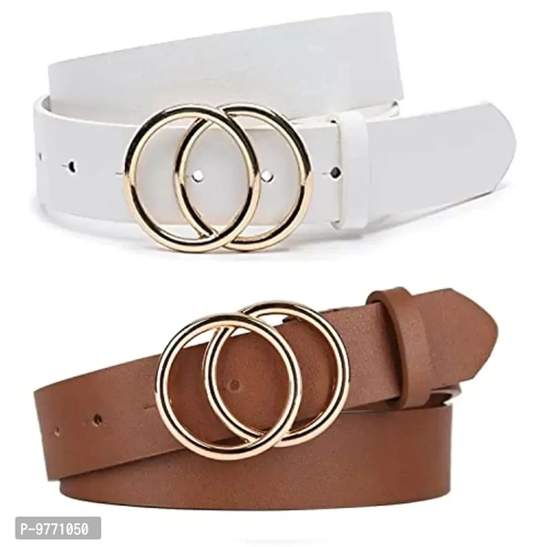 Dryon Women's and Girl's Fashion Double O-Ring Buckle and Faux Leather Belt Pack of 2 ( Free Size ) (White and Brown)