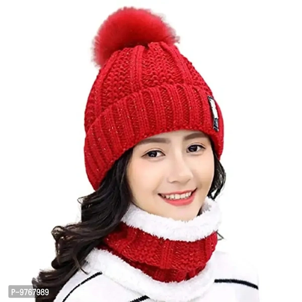 REFFER Winter Woolen Beanie Cap & Scarf Set for Women & Girls