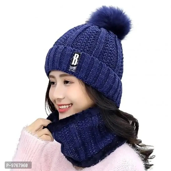 REFFER Winter Woolen Beanie Cap & Scarf Set for Women & Girls