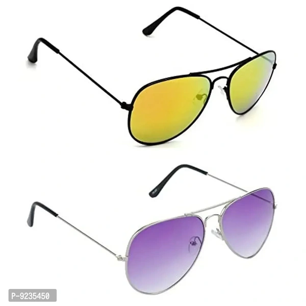 Hrinkar Unisex Pilot Sunglasses Black Silver Frame, Golden Violet Lens (Medium) - Pack of 2
