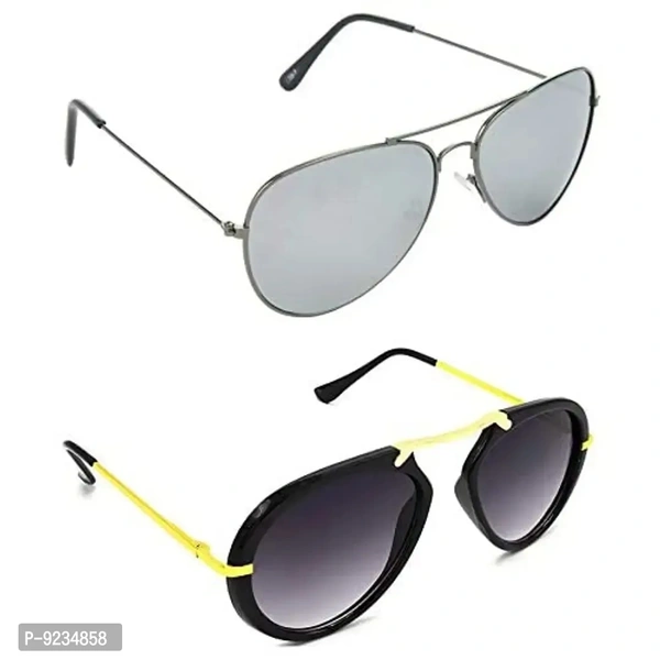 Hrinkar Unisex Pilot Sunglasses Grey Golden Frame, Silver Grey Lens (Medium) - Pack of 2