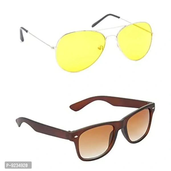 Hrinkar Unisex Pilot Sunglasses Silver Brown Frame, Yellow Brown Lens (Medium) - Pack of 2