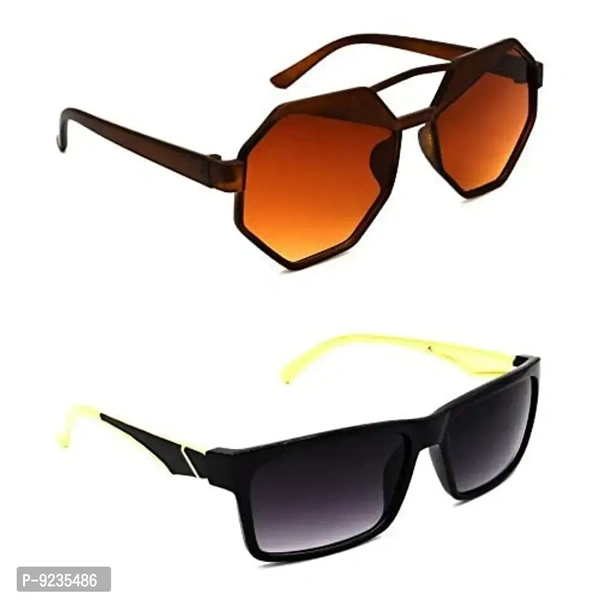 Hrinkar Unisex Round Sunglasses Brown Golden Frame, Brown Grey Lens (Medium) - Pack of 2