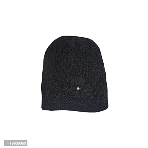 Hill Turner Women Winter Beanie Stylish Round Woolen Flower Cap (Black)
