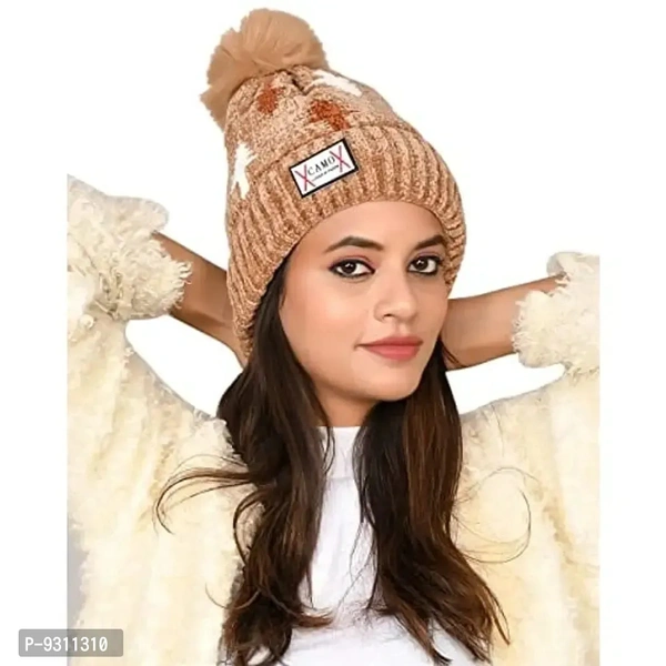 SoSh Designer Beautiful Velvet Woolen Winter Cap Hat for Women Warm Snow Beanie Winter hat Women Free Size Brown Cap