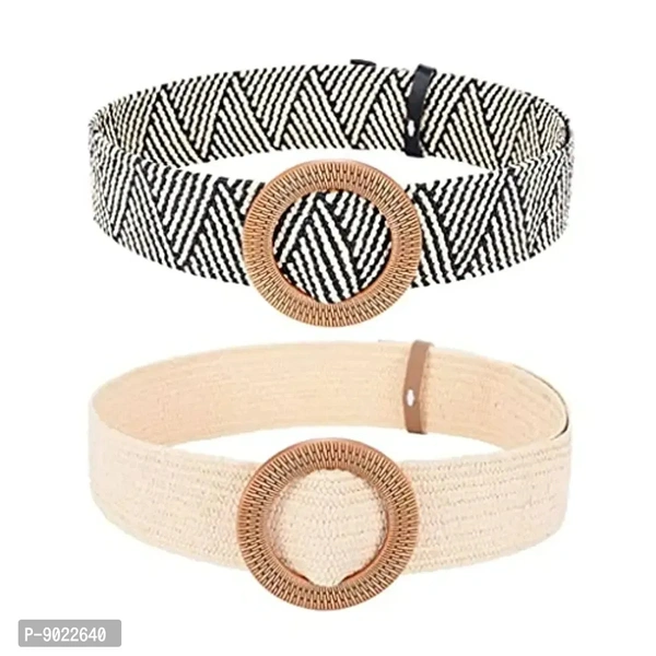 SATYAM KRAFT 2 Pcs Women's Elastic Stretchy Resin Round Buckle Belt Skinny Waist stylish Belt for Girls, Women Saree, Western Dress, Traditional Dress wear (Combo, 2)