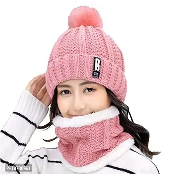 Navkar Crafts Winter Soft Warm 1 Set Snow Proof Ball Cap (Inside Fur) Woolen Beanie Cap with Scarf for Women Girl Ladies