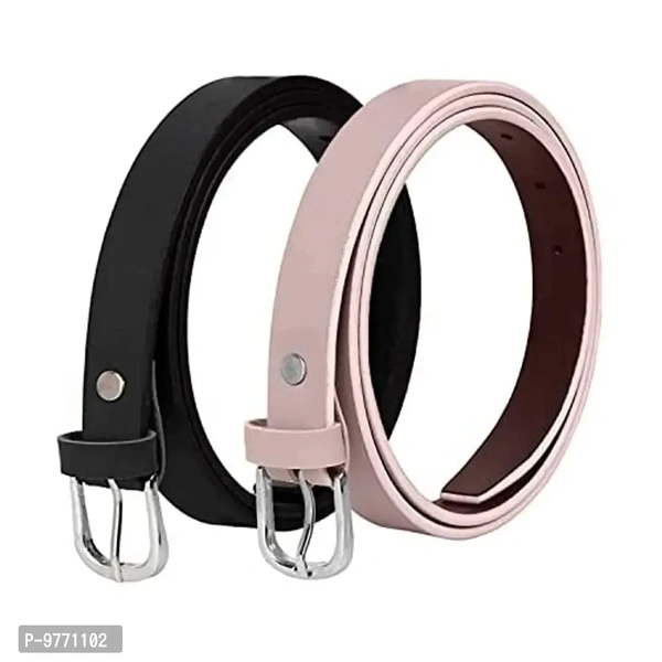 Dryon Women's and Girl's PU Vegan Leather Belt Combo Pack of 2 (Black & Light Pink, Free Size)