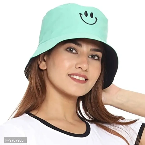 Unisex Smiley Face Bucket Hat Double-Sided Embroidery Cotton Reversible Hats for women and men (Aqua Green & Black)