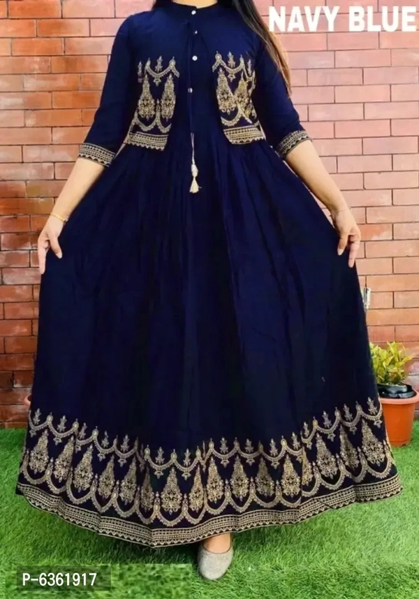 Women Anarkali Kurti With Gold Print Jacket (Blue)